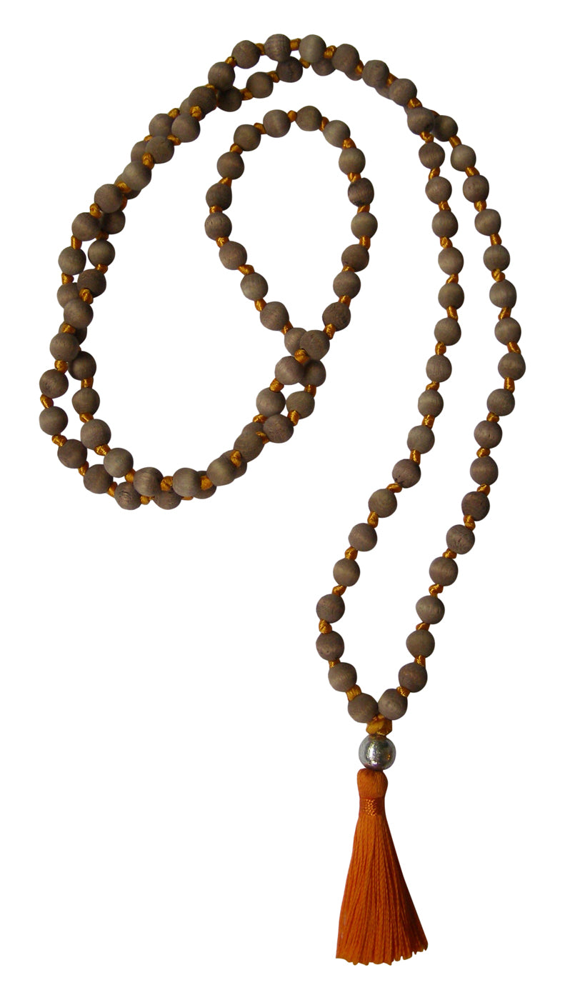 Mala-Kette "Vintage" - Holz Braun, Quaste Orange, Perle Silber - YOGISHOP