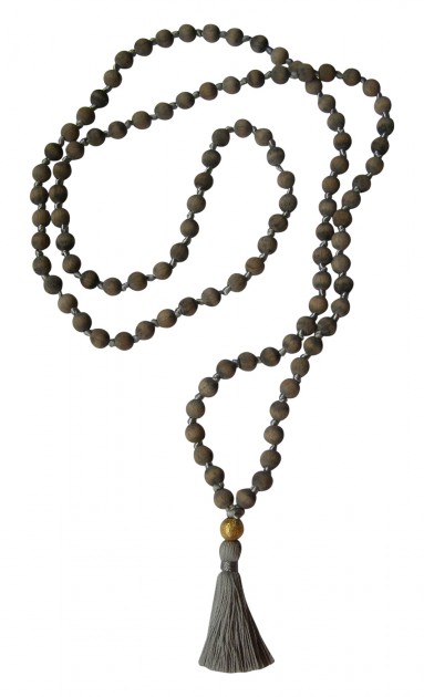Mala necklace "Vintage" - wood grey, tassel silver grey, pearl gold Wood-grey, tassel silver-grey, pearl gold